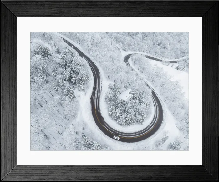 Framed Print : Twisting road in winter with vehicle, Schuss Pass, Waitsfield, Vermont, USA Framed Print : Twisting road in winter with vehicle, Schuss Pass, Waitsfield, Vermont, USA