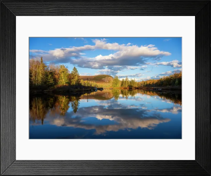 Framed Print : Autumn reflection in Turtlehead Pond with clouds, Green Mountains, Marshfield, Vermont, USA