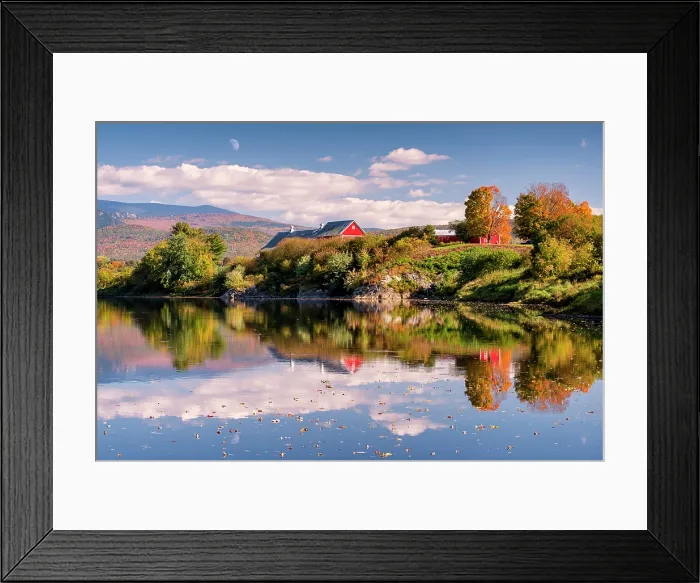 Framed Print : Autumn reflection on Connecticut River with red barn and moon, Newbury, Vermont, USA Framed Print : Autumn reflection on Connecticut River with red barn and moon, Newbury, Vermont, USA