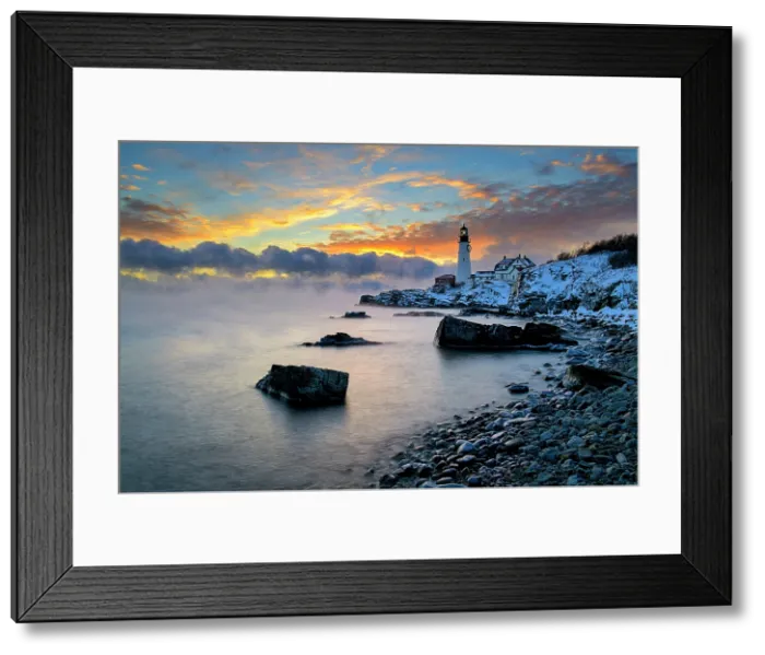 Framed Print : Winer sunrise with sea smoke at Portland Head Lighthouse, Cape Elizabeth, Maine, USA Framed Print : Winer sunrise with sea smoke at Portland Head Lighthouse, Cape Elizabeth, Maine, USA