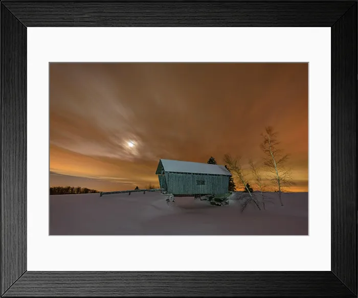 Framed Print : Moon rising in clouds over the A.M. Foster Bridge in winter, Green Mountains, Cabot, Vermont, USA