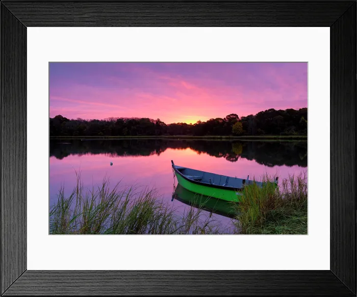 Framed Print : Green rowboat at sunrise with reflection on Cape Cod, Salt Pond, Eastham, Massachusetts, USA Framed Print : Green rowboat at sunrise with reflection on Cape Cod, Salt Pond, Eastham, Massachusetts, USA