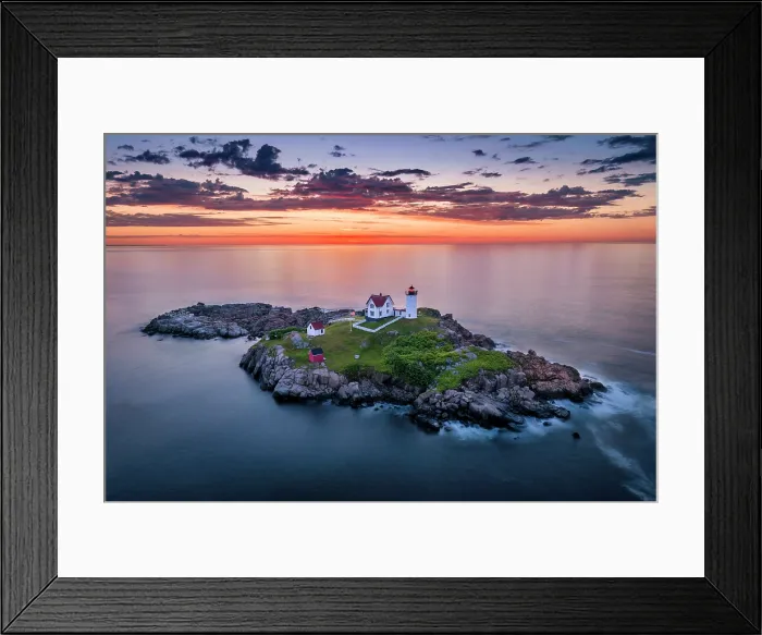 Framed Print : Aerial view of Nubble Lighthouse at sunrise, Cape Neddick, Maine, USA Framed Print : Aerial view of Nubble Lighthouse at sunrise, Cape Neddick, Maine, USA