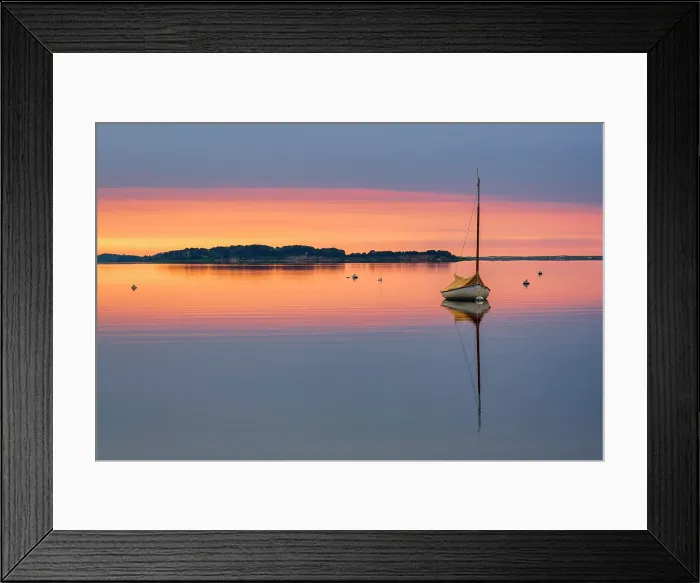 Framed Print : Sailboat reflection at sunrise, Cape Cod, Chatham, Massachusetts, USA