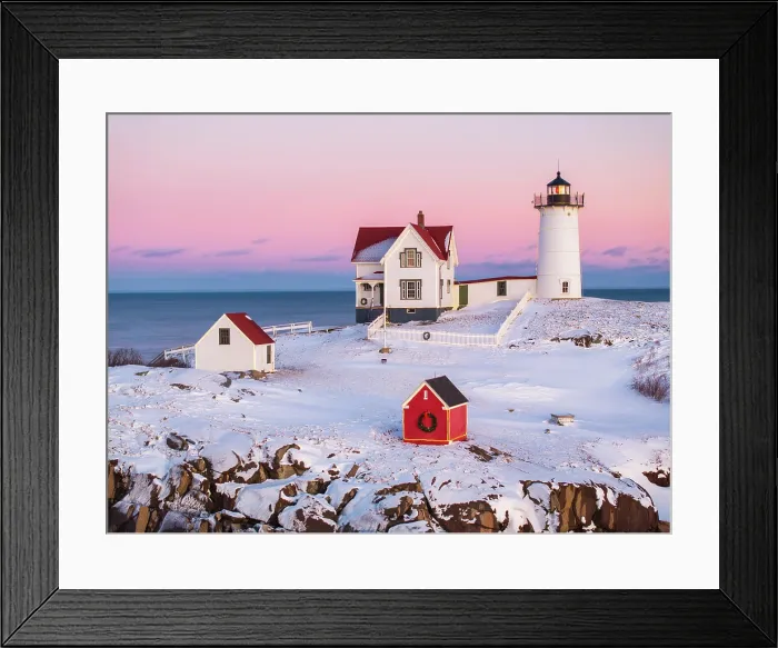 Framed Print : Winter sunset at Nubble Lighthouse, York, Maine, USA Framed Print : Winter sunset at Nubble Lighthouse, York, Maine, USA