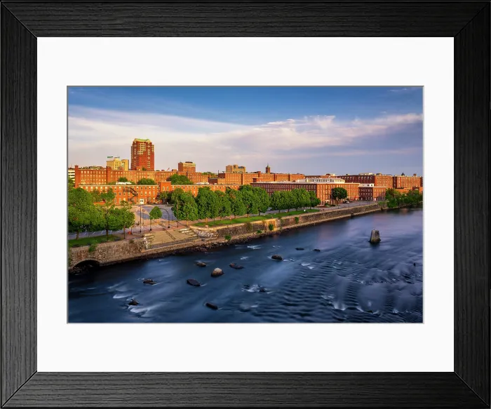Framed Print : Sunset over milltown and Merrimack River, Manchester, New Hampshire, USA Framed Print : Sunset over milltown and Merrimack River, Manchester, New Hampshire, USA