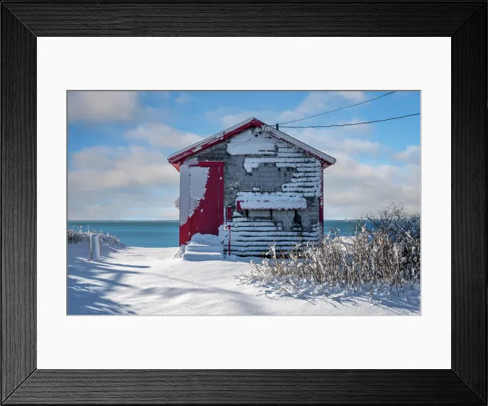Framed Print : Red beach house with snow on Cape Cod, Falmouth Heights, Massachusetts, USA Framed Print : Red beach house with snow on Cape Cod, Falmouth Heights, Massachusetts, USA