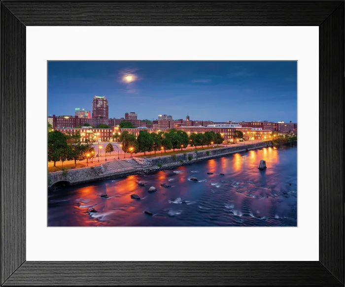 Framed Print : Moon rising over milltown and Merrimack River, Manchester, New Hampshire, USA Framed Print : Moon rising over milltown and Merrimack River, Manchester, New Hampshire, USA