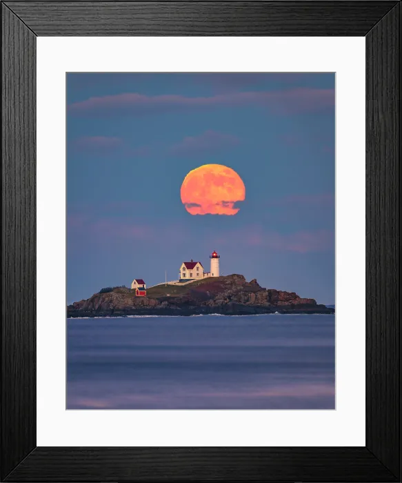 Framed Print : Beaver Moon rising over Nubble Lighthouse, York, Maine, USA Framed Print : Beaver Moon rising over Nubble Lighthouse, York, Maine, USA