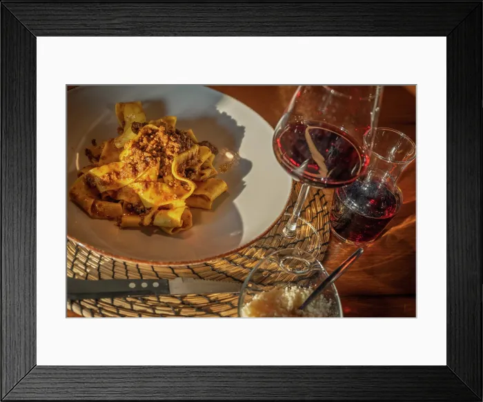 Framed Print : europe, Italy, Emilia-Romagna, dinner in an agriturismo with fresh pasta with rabbit sauce and red wine Framed Print : europe, Italy, Emilia-Romagna, dinner in an agriturismo with fresh pasta with rabbit sauce and red wine