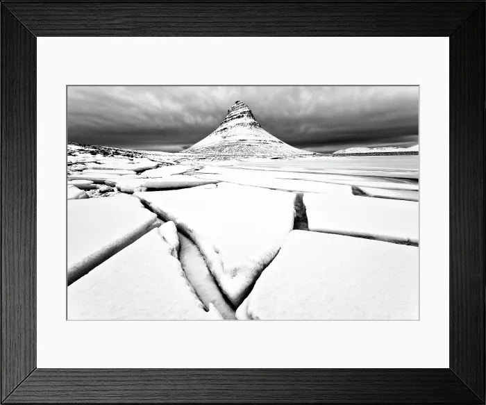 Framed Print : Kirkjufell (Church Mountain) in winter with broken lake ice, near Grundafjordur, Snaefellsnes Peninsula, Iceland