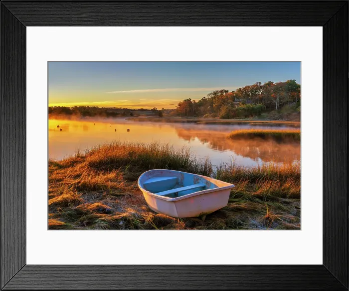 Framed Print : Autumn sunrise on a Cape Cod marsh with rowboat, Harwich, Massachusetts, USA
