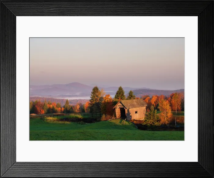 Framed Print : Surnise at the A.M. Foster Bridge with fog, Green Mountains, Cabot, Vermont, USA Framed Print : Surnise at the A.M. Foster Bridge with fog, Green Mountains, Cabot, Vermont, USA