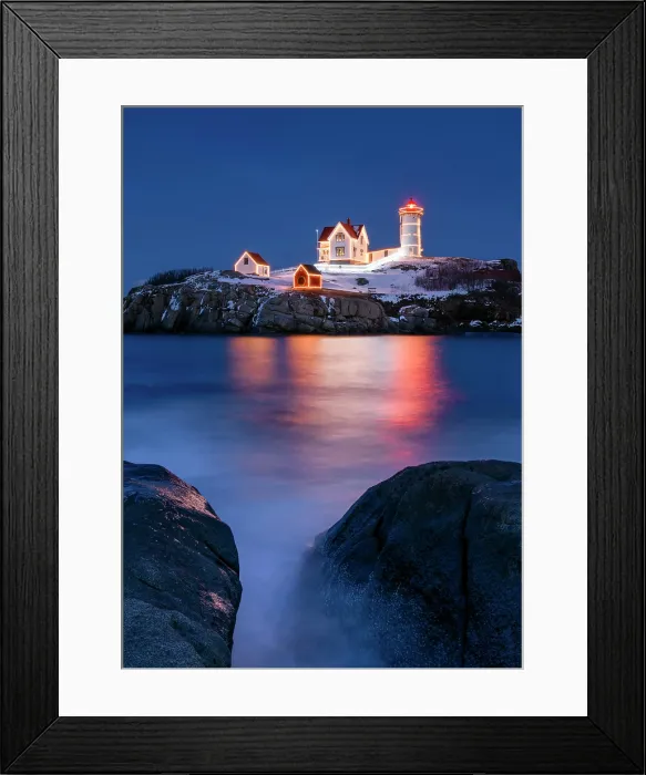 Framed Print : Dusk at Nubble Lighthouse with holiday lights, Cape Neddick, Maine, USA Framed Print : Dusk at Nubble Lighthouse with holiday lights, Cape Neddick, Maine, USA
