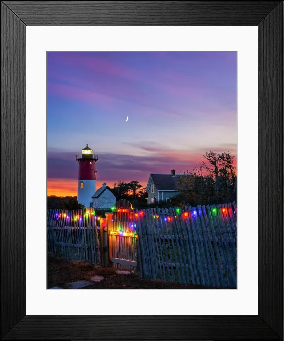 Framed Print : sunset over Nausert Beach Lighthouse with holiday lights on beach fence, Cape Cod, Eastham, Massachusetts, USA Framed Print : sunset over Nausert Beach Lighthouse with holiday lights on beach fence, Cape Cod, Eastham, Massachusetts, USA