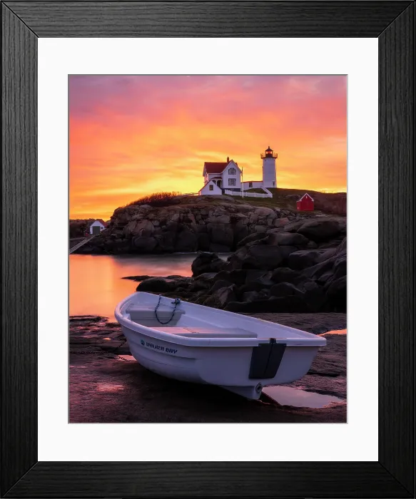 Framed Print : Rowboat and Nubble Lighthouse at sunrise, Cape Neddick, Maine Framed Print : Rowboat and Nubble Lighthouse at sunrise, Cape Neddick, Maine