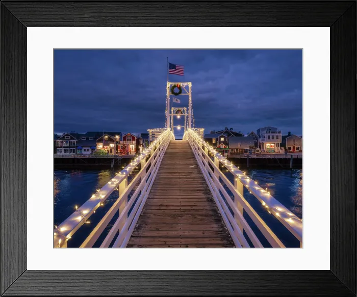 Framed Print : Foodbridge with holiday lights at Perkins Cove, Ogunquit, Maine