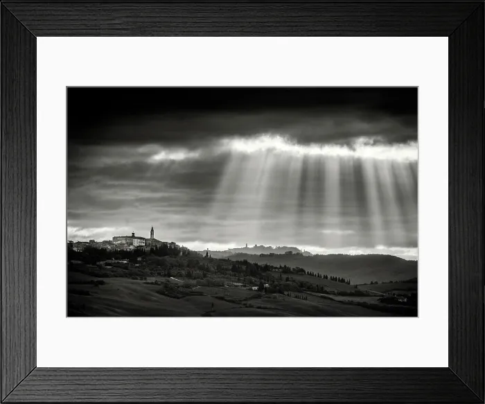 Framed Print : View across the Val d'Orcia towards Pienza beneath a dark, stormy sky, Val d'Orcia, Tuscany, Italy Framed Print : View across the Val d'Orcia towards Pienza beneath a dark, stormy sky, Val d'Orcia, Tuscany, Italy