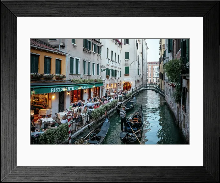 Framed Print : Canalside restaurant at dusk, Venice, Veneto, Italy