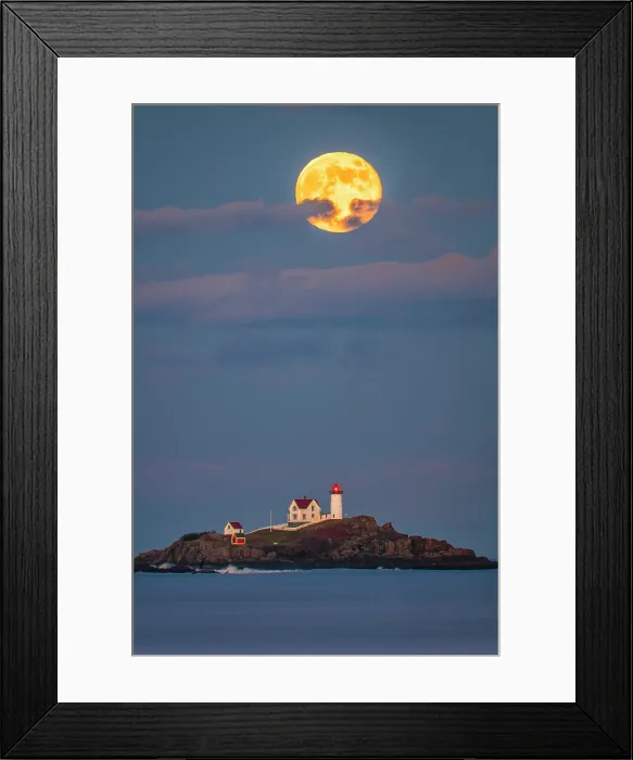 Framed Print : Beaver Moon rising over Nubble Lighthouse, York, Maine, USA Framed Print : Beaver Moon rising over Nubble Lighthouse, York, Maine, USA