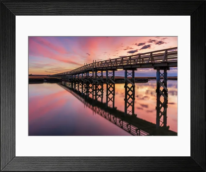 Framed Print : Boardwalk reflection at sunrise, Cape Cod, Sandwich, Massachusetts, USA