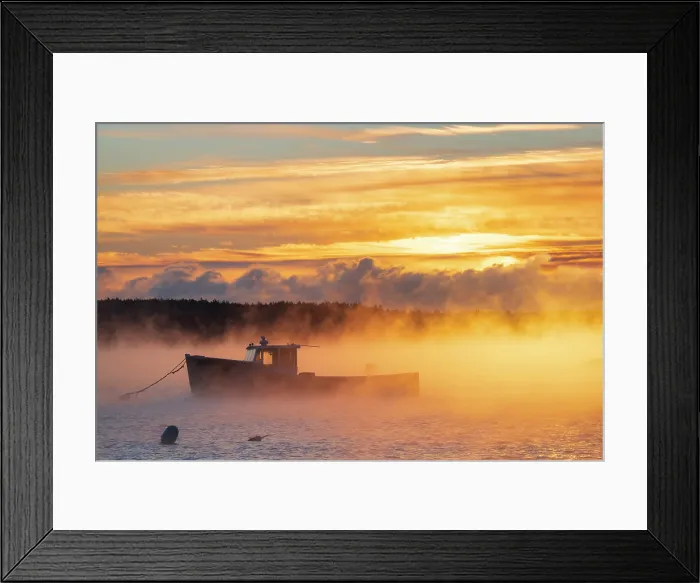 Framed Print : Winter fog over fishing boat at Five Islands, Maine, USA Framed Print : Winter fog over fishing boat at Five Islands, Maine, USA