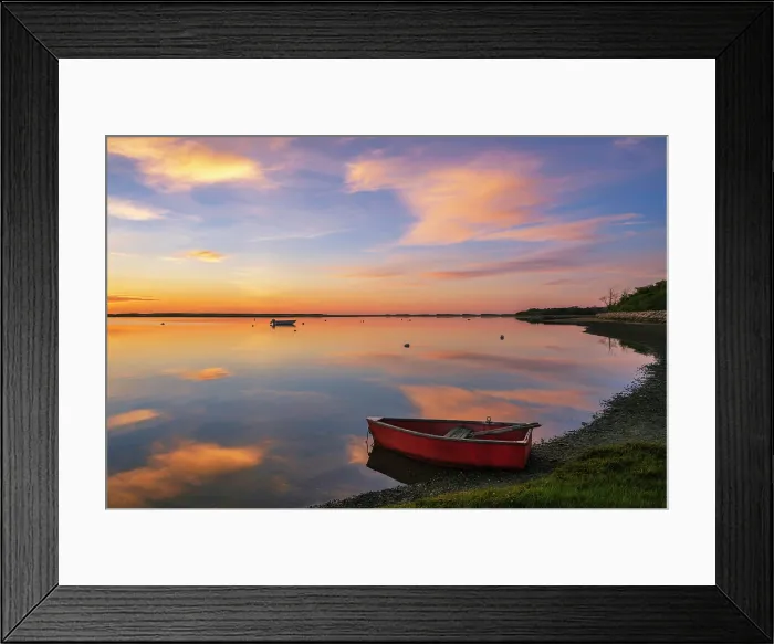 Framed Print : Sunrise over red rowboat at a marsh on Cape Cod, Massachusetts, USA Framed Print : Sunrise over red rowboat at a marsh on Cape Cod, Massachusetts, USA