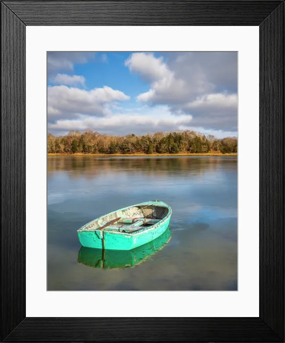 Framed Print : Green rowboat on ice at Salt Pond, Cape Cod, Eastham, Massachusetts, USA