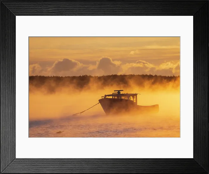 Framed Print : Winter fog over fishing boat at Five Islands, Maine, USA Framed Print : Winter fog over fishing boat at Five Islands, Maine, USA