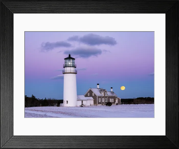 Framed Print : Winter sunrise with full moon at Highland Lighthouse, Cape Cod, North Truro, Massachusetts, USA Framed Print : Winter sunrise with full moon at Highland Lighthouse, Cape Cod, North Truro, Massachusetts, USA