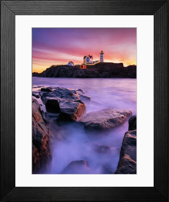 Framed Print : Sunrise with holiday lights at Nubble Lighthosue, Cape Neddick, Maine, USA