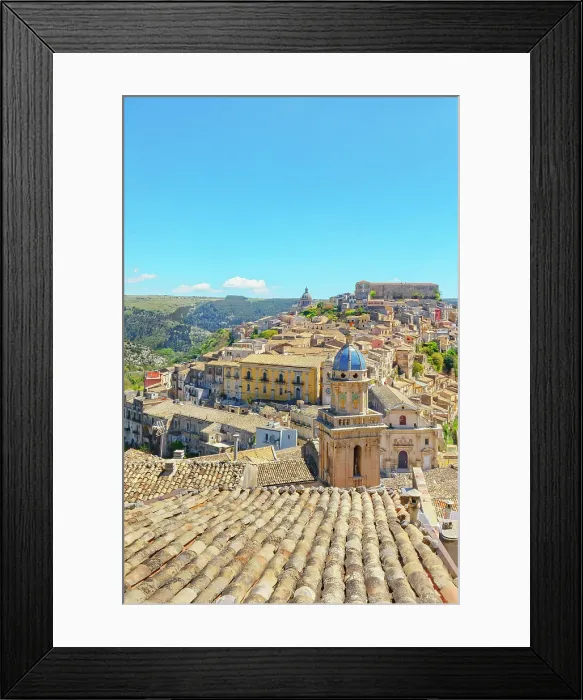 Framed Print : Elevated view of the church of Santa Maria dell'Itria and Ragusa Ibla in the distance, Ragusa Ibla, Ragusa province, Sicily, Italy Framed Print : Elevated view of the church of Santa Maria dell'Itria and Ragusa Ibla in the distance, Ragusa Ibla, Ragusa province, Sicily, Italy