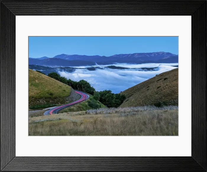 Framed Print : Car Light Trails above Low Clouds, Apennine Mountains, near Norcia, Umbria, Italy, Europe Framed Print : Car Light Trails above Low Clouds, Apennine Mountains, near Norcia, Umbria, Italy, Europe