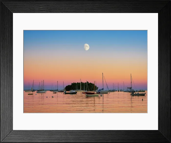 Framed Print : Moon over harbor, Camden, Maine, USA Framed Print : Moon over harbor, Camden, Maine, USA