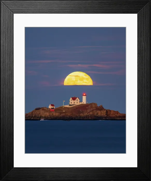 Framed Print : Beaver Moon over Nubble Lighthouse, York, Maine, USA Framed Print : Beaver Moon over Nubble Lighthouse, York, Maine, USA