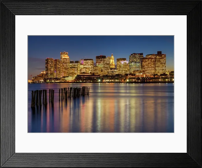 Framed Print : Dusk over city of Boston with old pier pillars, Massachusetts, USA Framed Print : Dusk over city of Boston with old pier pillars, Massachusetts, USA