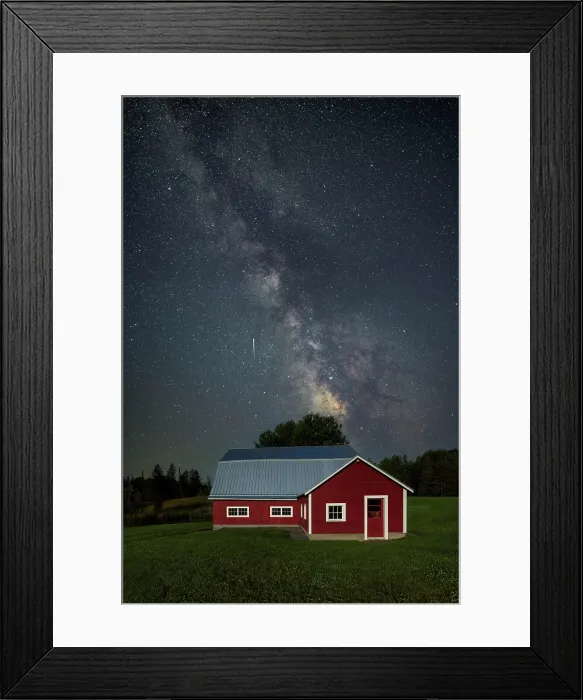 Framed Print : Milky Way over red barn with meteor, Green Mountains, Danville, Vermont, USA Framed Print : Milky Way over red barn with meteor, Green Mountains, Danville, Vermont, USA