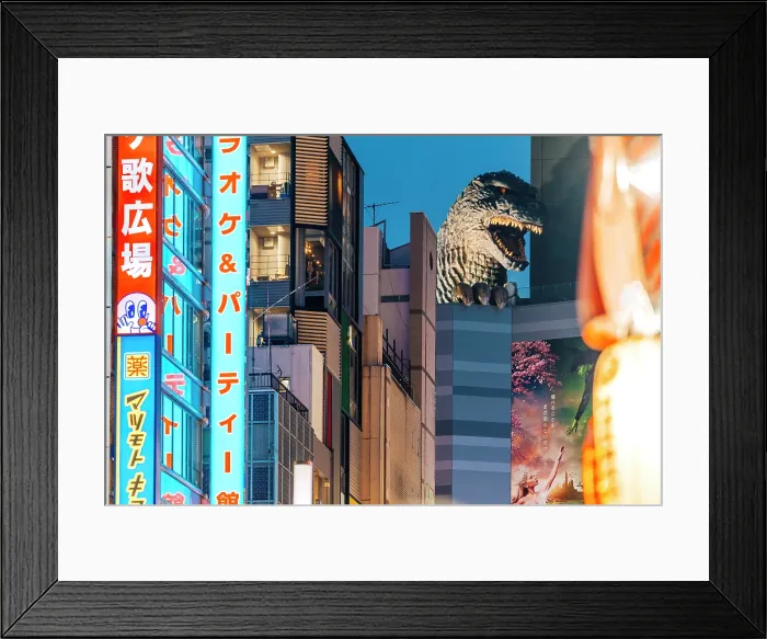 Framed Print : Godzilla head atop building in Shinjuku, Tokyo, Japan Framed Print : Godzilla head atop building in Shinjuku, Tokyo, Japan