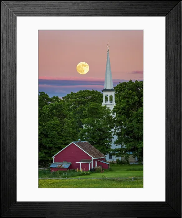 Framed Print : Full moon risinsg over white-steeple church, Northeast Kingdom, Peacham, Vermont, USA Framed Print : Full moon risinsg over white-steeple church, Northeast Kingdom, Peacham, Vermont, USA