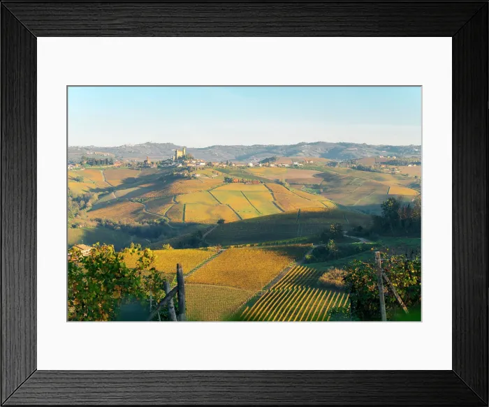Framed Print : Vienyards and Langhe hills with Grinzane Cavour castle in the distance. Piedmont, Italy Framed Print : Vienyards and Langhe hills with Grinzane Cavour castle in the distance. Piedmont, Italy