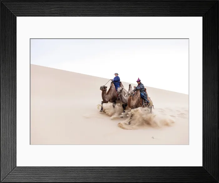 Framed Print : Two camel herders riding their camels down a sand dune, Khongor Dunes, Gobi Desert, Mongolia, Asia Framed Print : Two camel herders riding their camels down a sand dune, Khongor Dunes, Gobi Desert, Mongolia, Asia