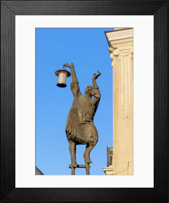 Framed Print : Statue of Lamplighter by Vytautas Nalivaika to Illuminate the Night and to give People Courage, Vilnius, Lithuania Framed Print : Statue of Lamplighter by Vytautas Nalivaika to Illuminate the Night and to give People Courage, Vilnius, Lithuania