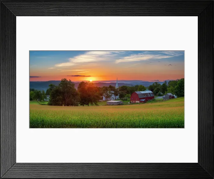 Framed Print : Sunrise over white-steeple church and red barn, Green Mountains, Peacham, Vermont, USA
