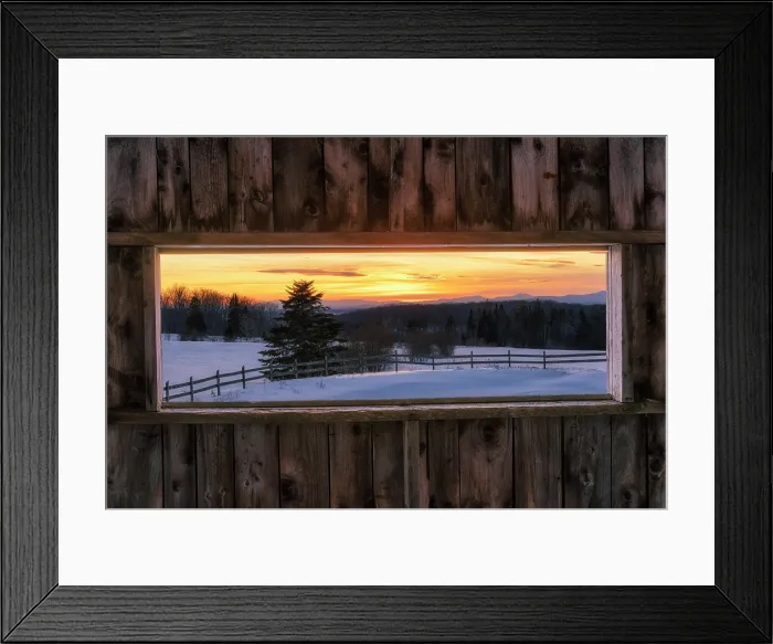 Framed Print : Natural wood frame around winter sunset from the A.M. Foster Bridge, Green Mountains, Cabot, Vermont, USA Framed Print : Natural wood frame around winter sunset from the A.M. Foster Bridge, Green Mountains, Cabot, Vermont, USA