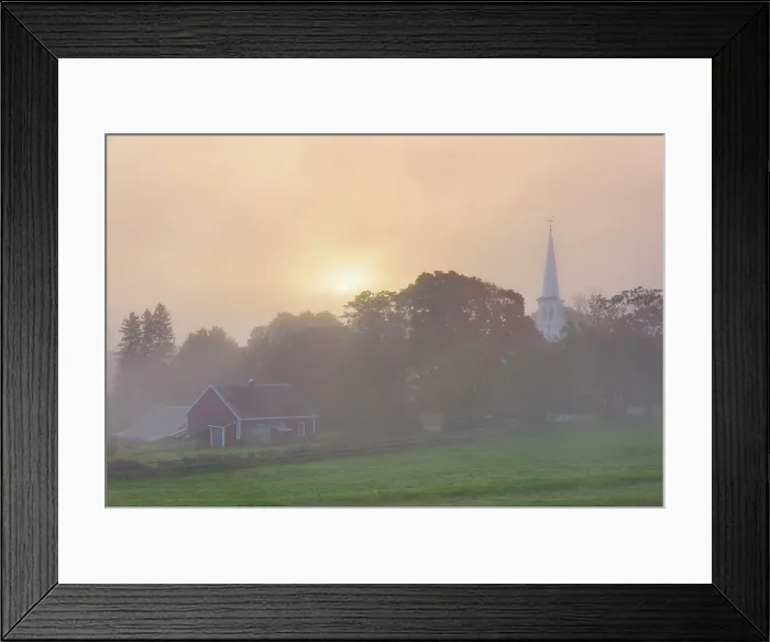 Framed Print : Foggy sunrise over white-steeple church and red barn, Green Mountains, Peacham, Vermont, USA Framed Print : Foggy sunrise over white-steeple church and red barn, Green Mountains, Peacham, Vermont, USA