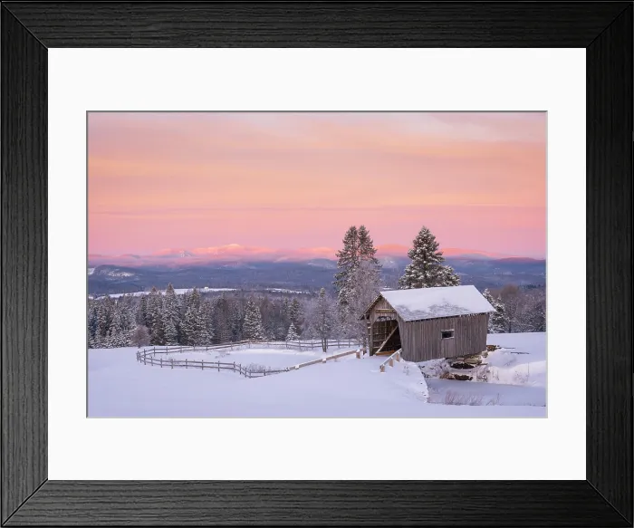 Framed Print : Winter sunrise over the A.M. Foster Bridge, Green Mountains, Cabot, Vermont, USA Framed Print : Winter sunrise over the A.M. Foster Bridge, Green Mountains, Cabot, Vermont, USA