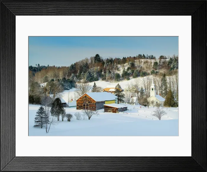 Framed Print : Winter morn over white-steeple church and barn, Green Mountains, East Corinth, Vermont, USA Framed Print : Winter morn over white-steeple church and barn, Green Mountains, East Corinth, Vermont, USA