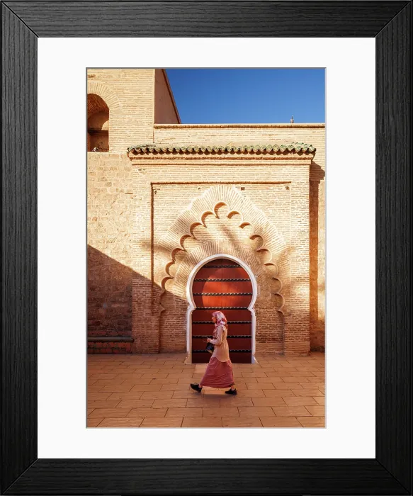 Framed Print : Lady in traditional dress in front of door at Koutoubia Mosque, Marrakech, Morocco Framed Print : Lady in traditional dress in front of door at Koutoubia Mosque, Marrakech, Morocco