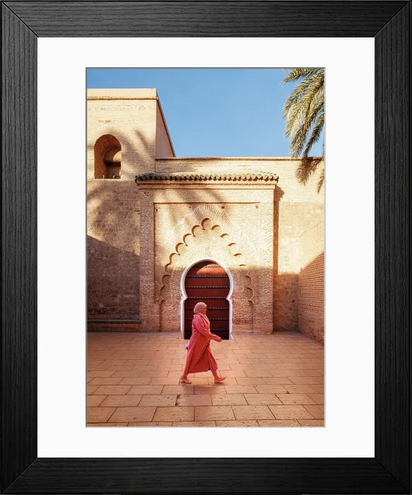 Framed Print : Lady in traditional dress in front of door at Koutoubia Mosque, Marrakech, Morocco Framed Print : Lady in traditional dress in front of door at Koutoubia Mosque, Marrakech, Morocco