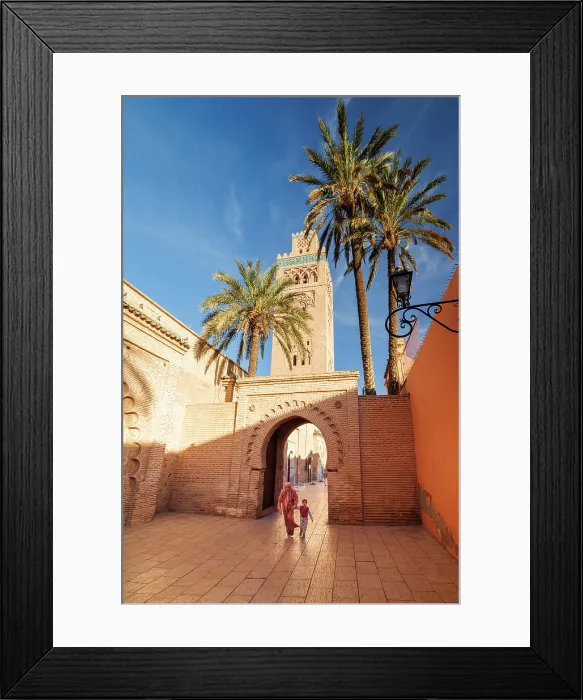 Framed Print : Local lady and child walking through doorway at Koutoubia Mosque, Marrakech, Morocco Framed Print : Local lady and child walking through doorway at Koutoubia Mosque, Marrakech, Morocco